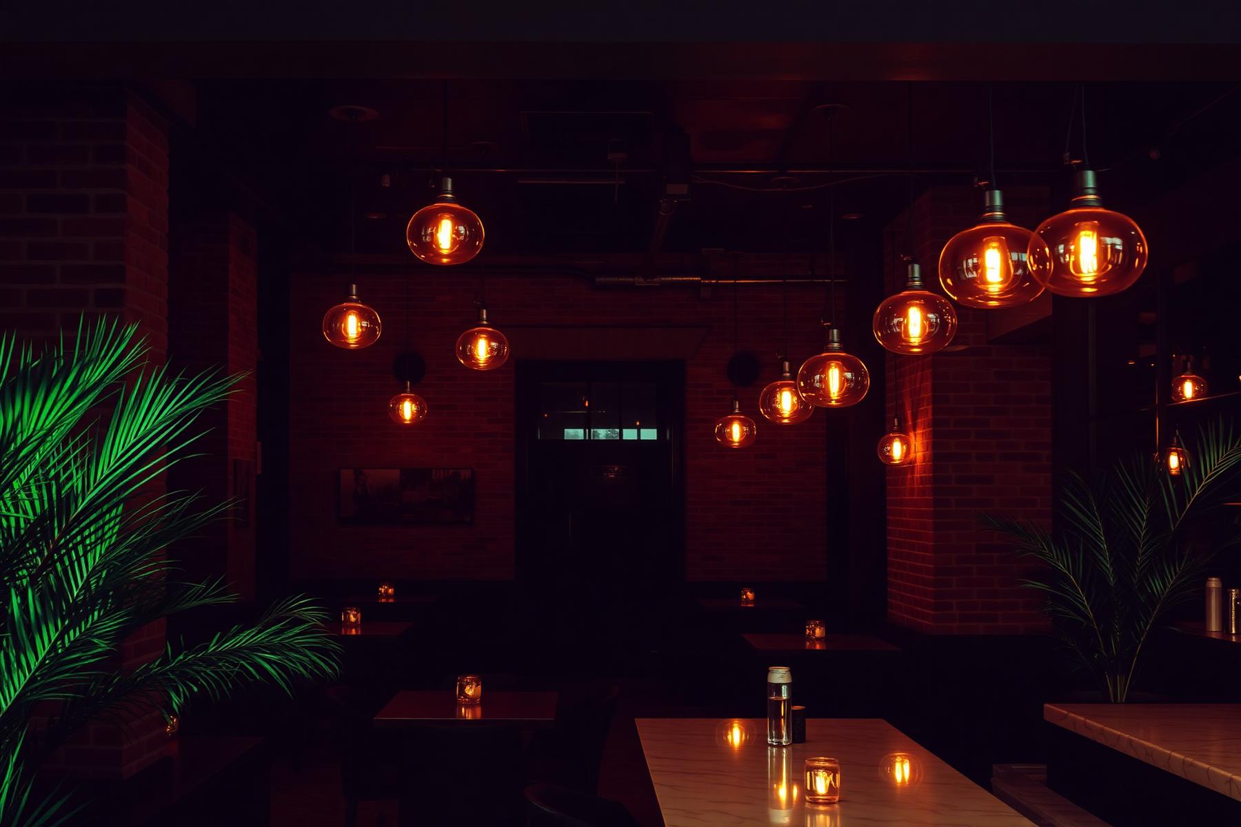 TROIS RAK dim interior with warm pendant lighting